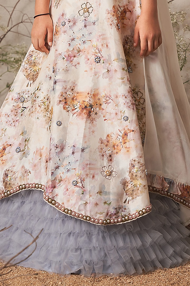 Ivory & Grey Crepe Printed Lehenga Set For Girls by Potloo by Merge at Pernia's Pop Up Shop