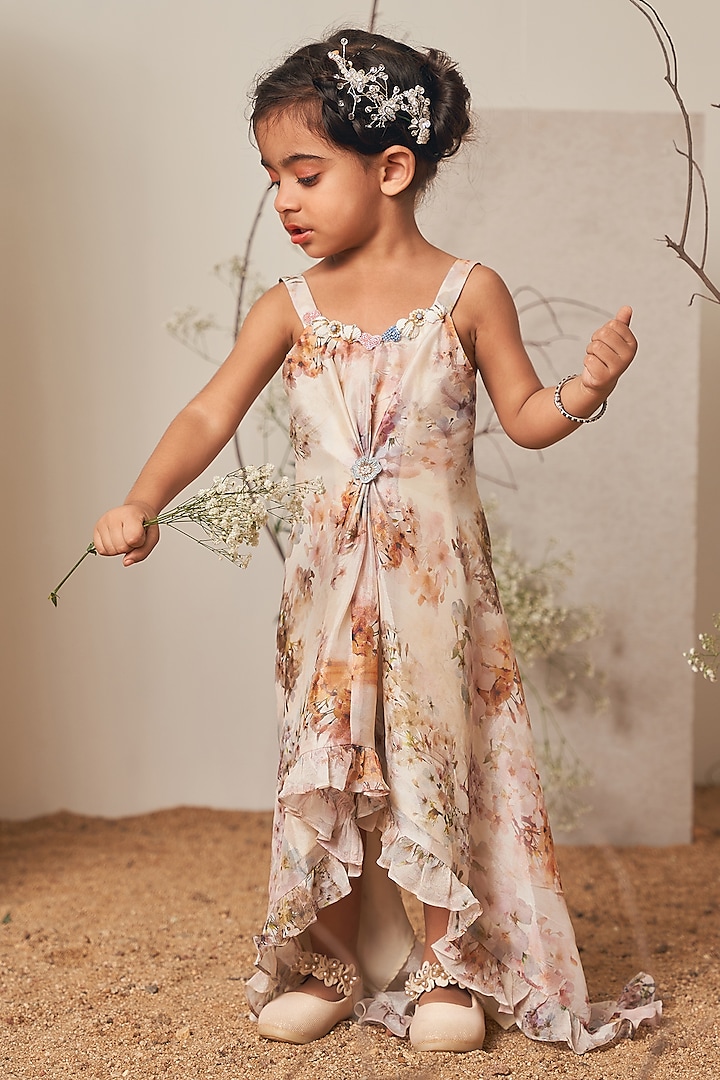 Beige Crepe Printed & Embroidered Dress For Girls by Potloo by Merge