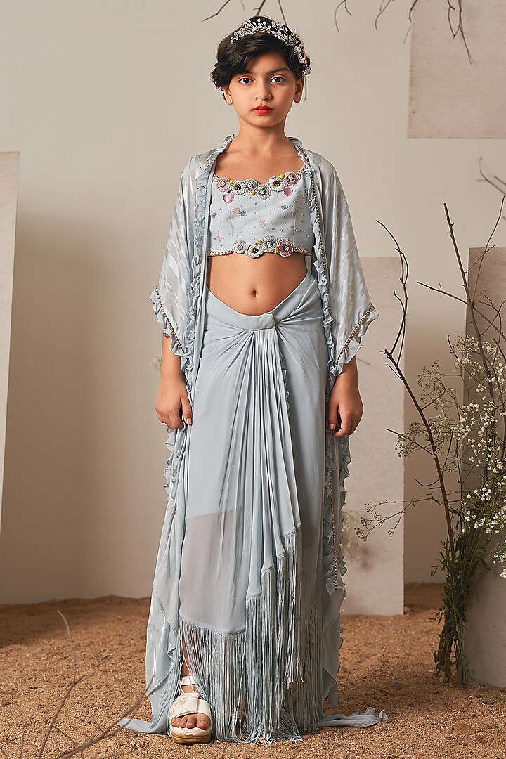 Powder Blue Georgette Dhoti Set For Girls by Potloo by Merge