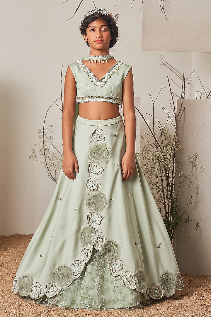 Mint Green Modal Satin Embroidered Lehenga Set For Girls by Potloo by Merge