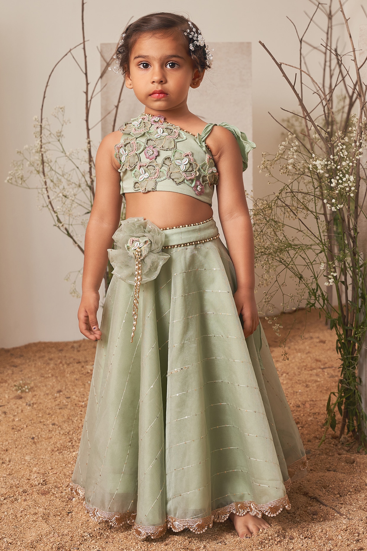 Mint Green Organza Embroidered Skirt Set For Girls by Potloo by Merge at Pernia s Pop Up Shop