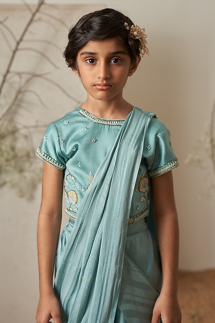 Light Blue Modal Satin Pant Set For Girls by Potloo by Merge at Pernia's Pop Up Shop