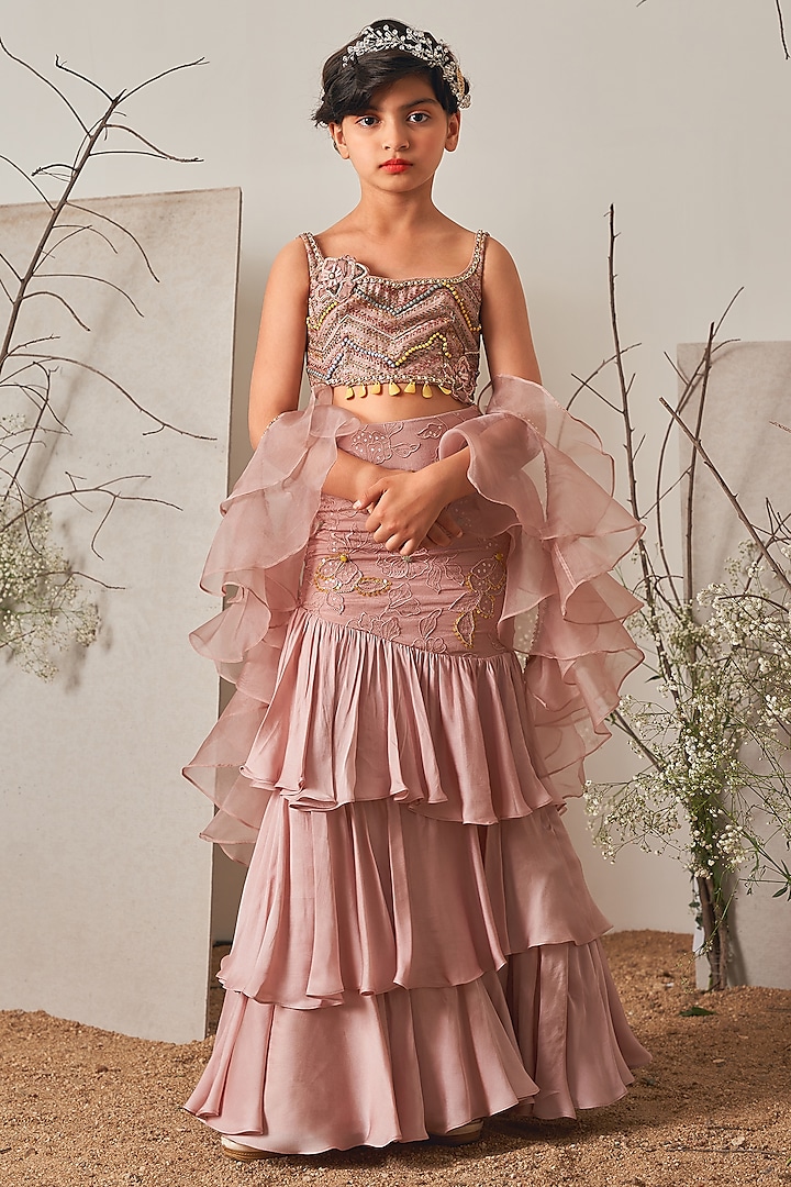 Champagne Pink Modal Satin Embroidered Skirt Set For Girls by Potloo by Merge