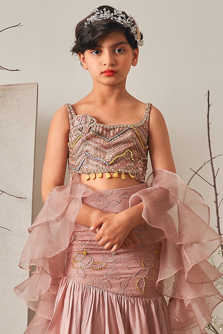 Champagne Pink Modal Satin Embroidered Skirt Set For Girls by Potloo by Merge at Pernia's Pop Up Shop