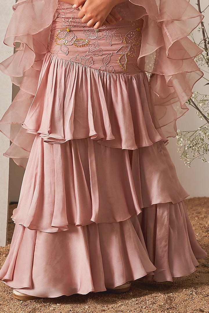 Champagne Pink Modal Satin Embroidered Skirt Set For Girls by Potloo by Merge at Pernia's Pop Up Shop