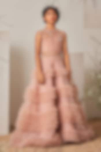 Champagne Pink Organza Embroidered Gown For Girls by Potloo by Merge at Pernia's Pop Up Shop