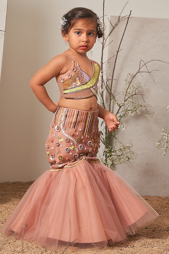 Peach Net Embroidered Fish-Cut Lehenga Set For Girls by Potloo by Merge