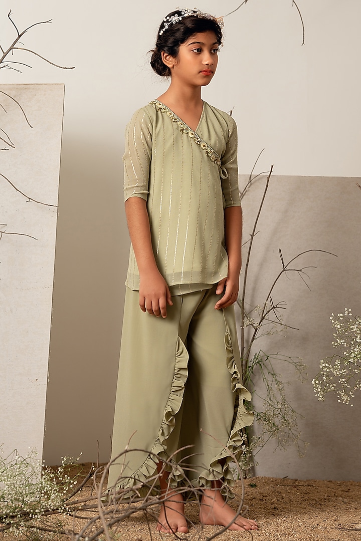Sage Green Georgette Embroidered Kurta Set For Girls by Potloo by Merge at Pernia's Pop Up Shop