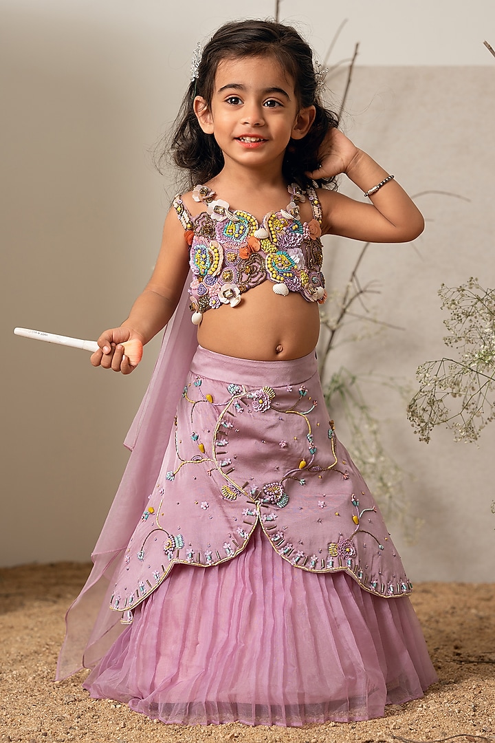 Lavender Modal Satin Embroidered Layered Lehenga Set For Girls by Potloo by Merge