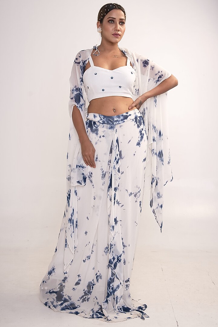 White & Blue Georgette Tie-Dye Printed Co-Ord Set For Girls by Potloo by Merge at Pernia's Pop Up Shop