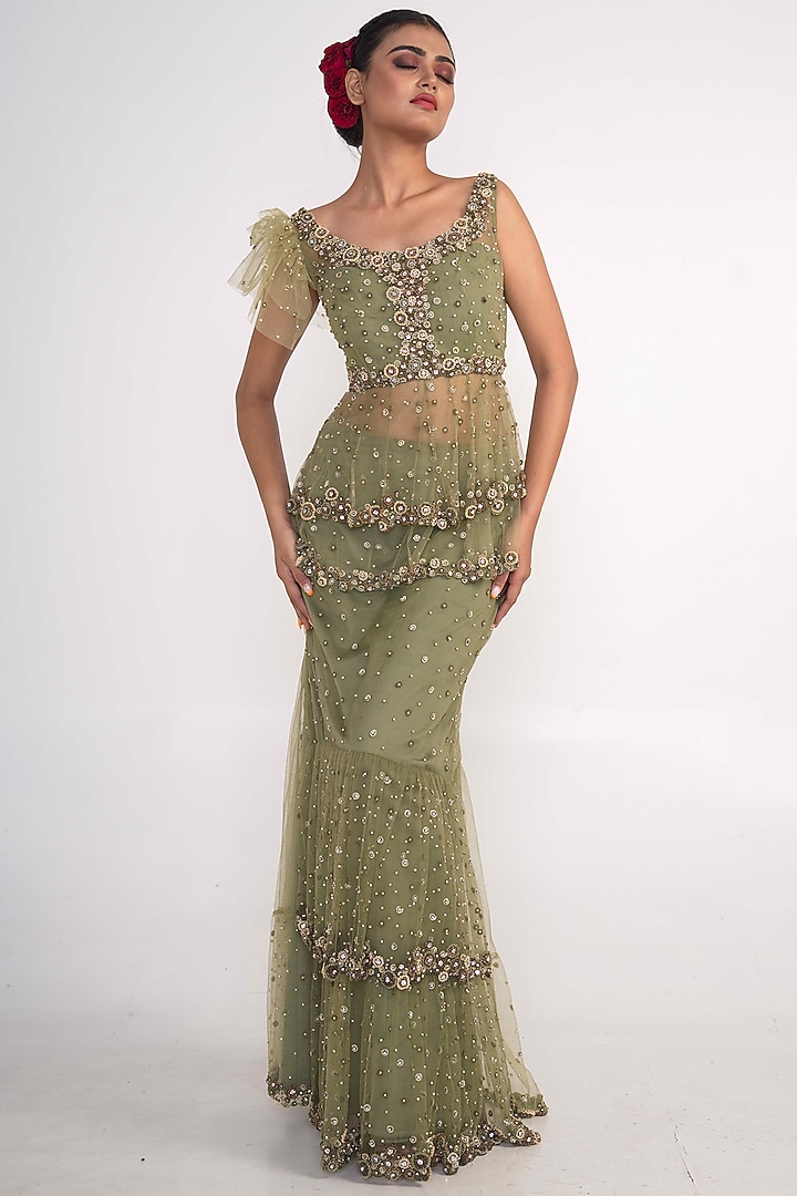 Moss Green Net Embroidered Layered Lehenga Set For Girls by Potloo by Merge at Pernia's Pop Up Shop