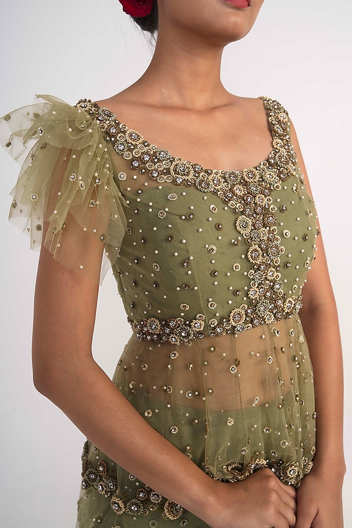 Moss Green Net Embroidered Layered Lehenga Set For Girls by Potloo by Merge at Pernia's Pop Up Shop