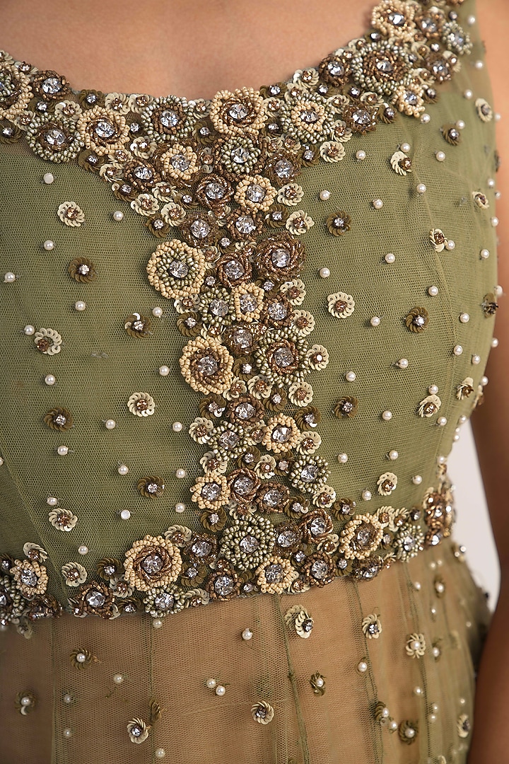 Moss Green Net Embroidered Layered Lehenga Set For Girls by Potloo by Merge at Pernia's Pop Up Shop