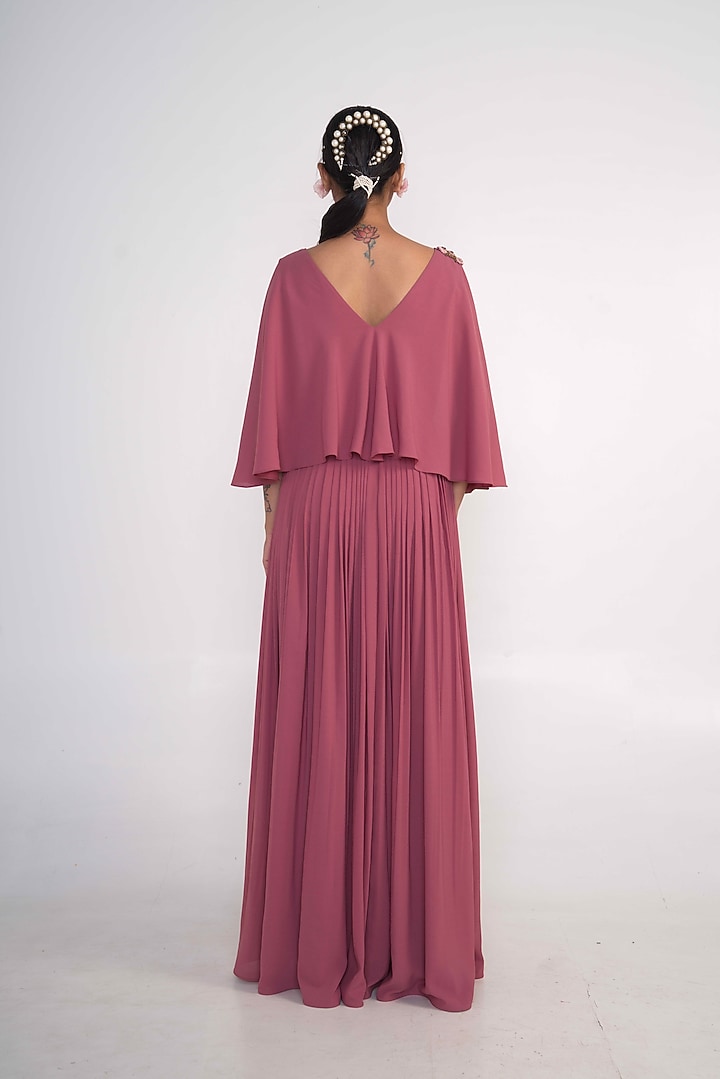 Coral Pink Georgette Embroidered Cape Dress For Girls by Potloo by Merge at Pernia's Pop Up Shop