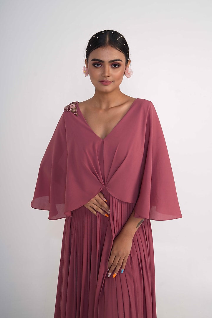 Coral Pink Georgette Embroidered Cape Dress For Girls by Potloo by Merge at Pernia's Pop Up Shop