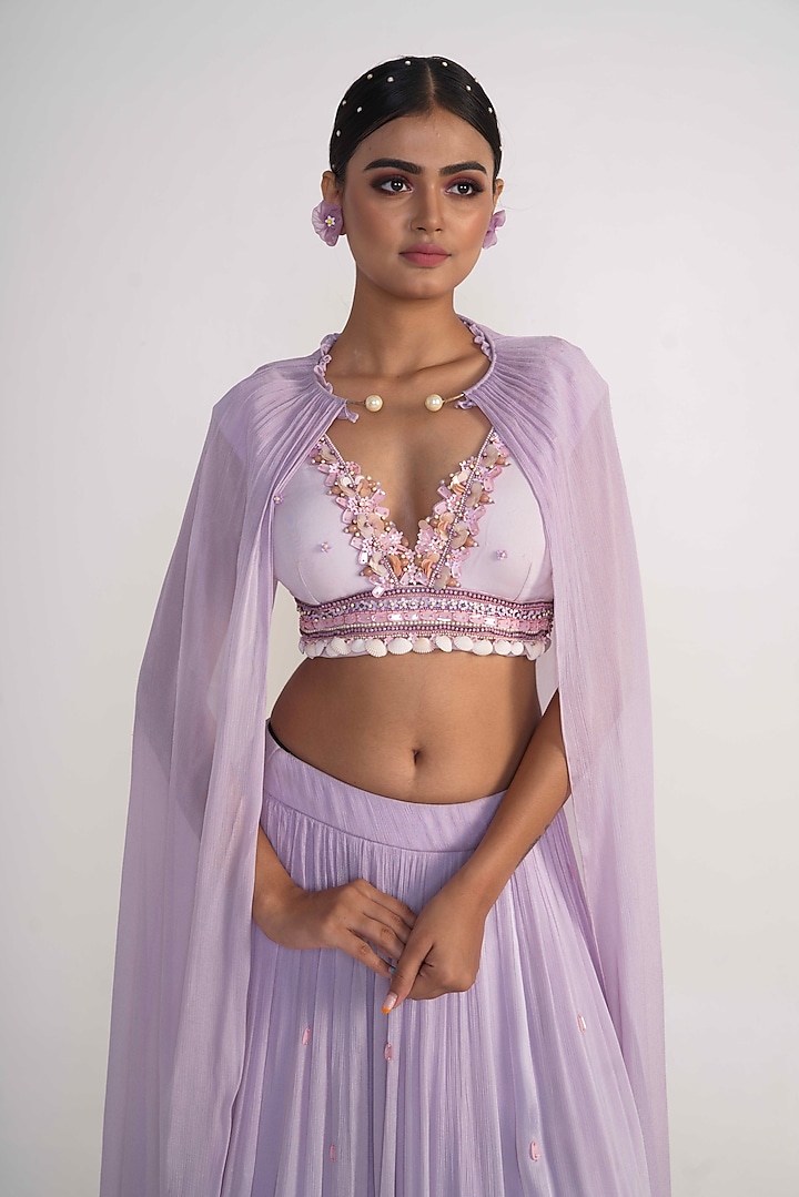 Lavender Chiffon Jacket Lehenga Set For Girls by Potloo by Merge at Pernia's Pop Up Shop