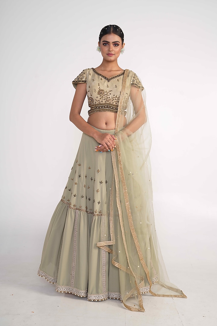 Sage Green Georgette Embroidered Lehenga Set For Girls by Potloo by Merge