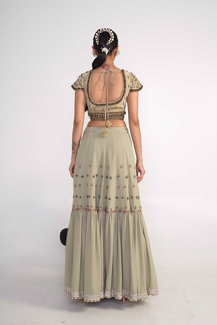 Sage Green Georgette Embroidered Lehenga Set For Girls by Potloo by Merge at Pernia's Pop Up Shop