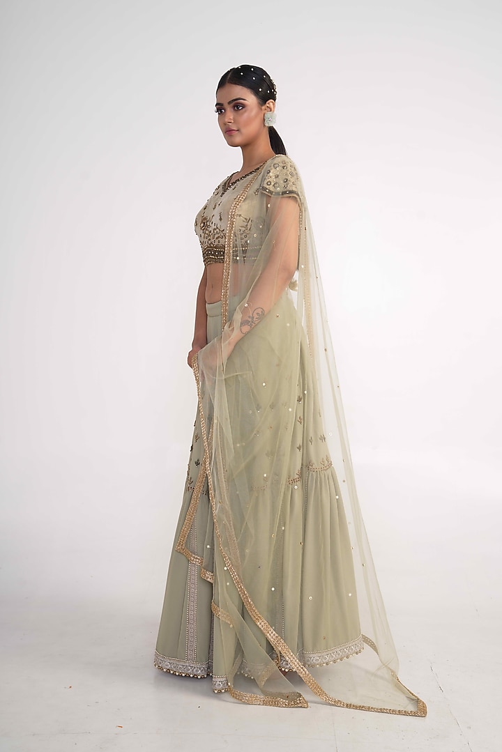 Sage Green Georgette Embroidered Lehenga Set For Girls by Potloo by Merge at Pernia's Pop Up Shop