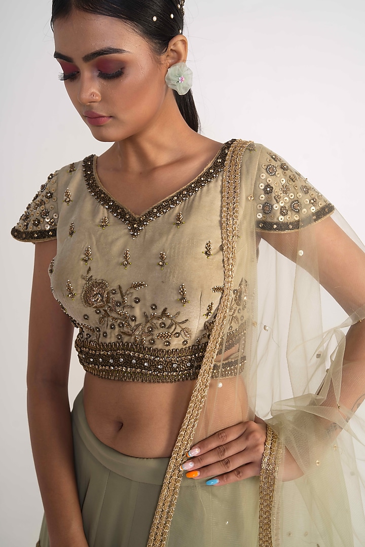 Sage Green Georgette Embroidered Lehenga Set For Girls by Potloo by Merge at Pernia's Pop Up Shop