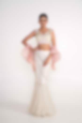 Ivory Net & Organza Embroidered Fish-Cut Lehenga Set For Girls by Potloo by Merge at Pernia's Pop Up Shop