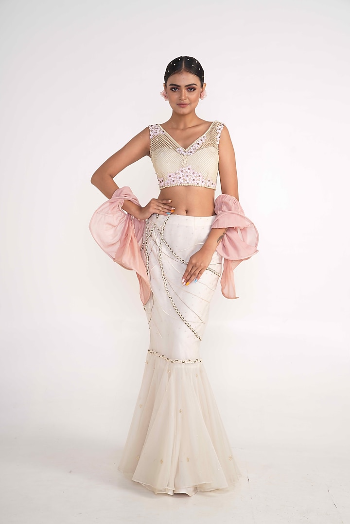 Ivory Net & Organza Embroidered Fish-Cut Lehenga Set For Girls by Potloo by Merge at Pernia's Pop Up Shop