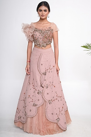 Oyster Georgette Embroidered Lehenga Set For Girls by Potloo by Merge