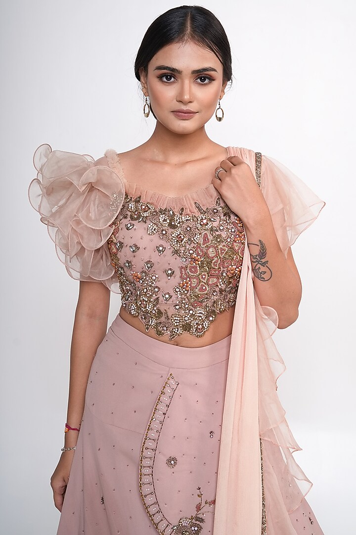 Oyster Georgette Embroidered Lehenga Set For Girls by Potloo by Merge at Pernia's Pop Up Shop