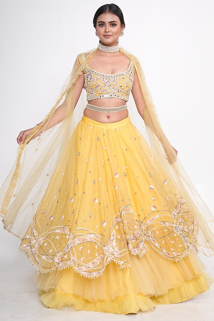 Yellow Organza Embroidered Jacket Lehenga Set For Girls by Potloo by Merge