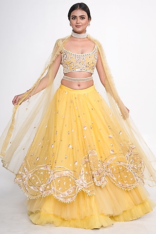 Yellow Organza Embroidered Jacket Lehenga Set For Girls by Potloo by Merge