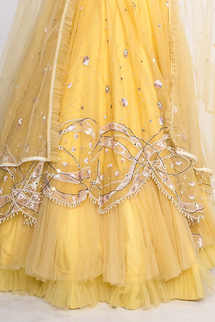 Yellow Organza Embroidered Jacket Lehenga Set For Girls by Potloo by Merge at Pernia's Pop Up Shop