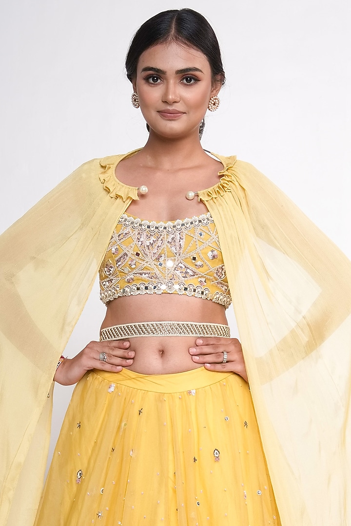 Yellow Organza Embroidered Jacket Lehenga Set For Girls by Potloo by Merge at Pernia's Pop Up Shop