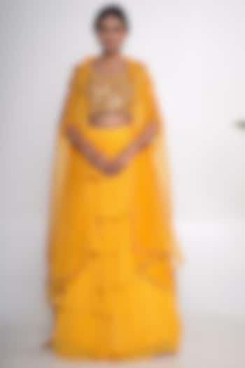Yellow Chiffon Jacket Lehenga Set For Girls by Potloo by Merge