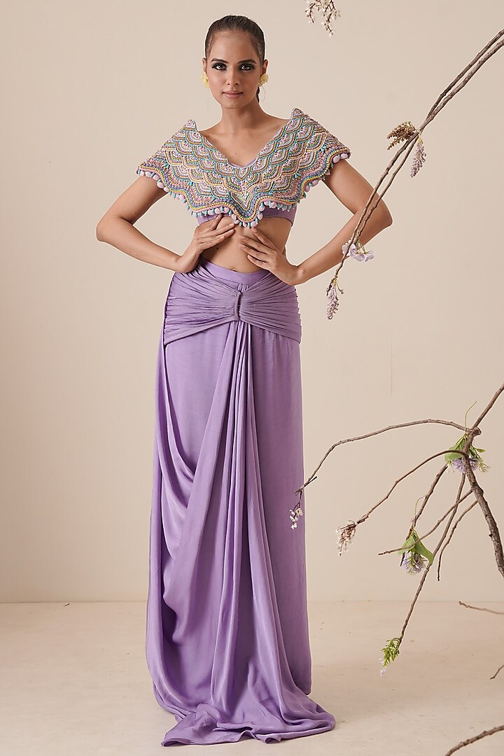 Lavender Embroidered Pre-Draped Saree Set For Girls by Potloo by Merge at Pernia's Pop Up Shop