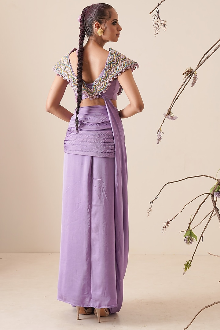 Lavender Embroidered Pre-Draped Saree Set For Girls by Potloo by Merge at Pernia's Pop Up Shop