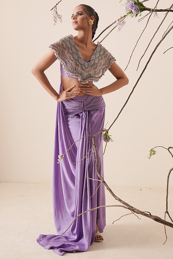 Lavender Embroidered Pre-Draped Saree Set For Girls by Potloo by Merge at Pernia's Pop Up Shop