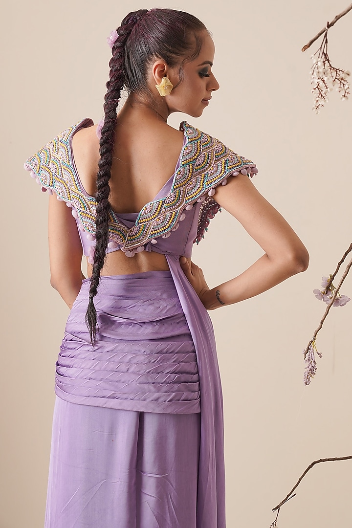 Lavender Embroidered Pre-Draped Saree Set For Girls by Potloo by Merge at Pernia's Pop Up Shop