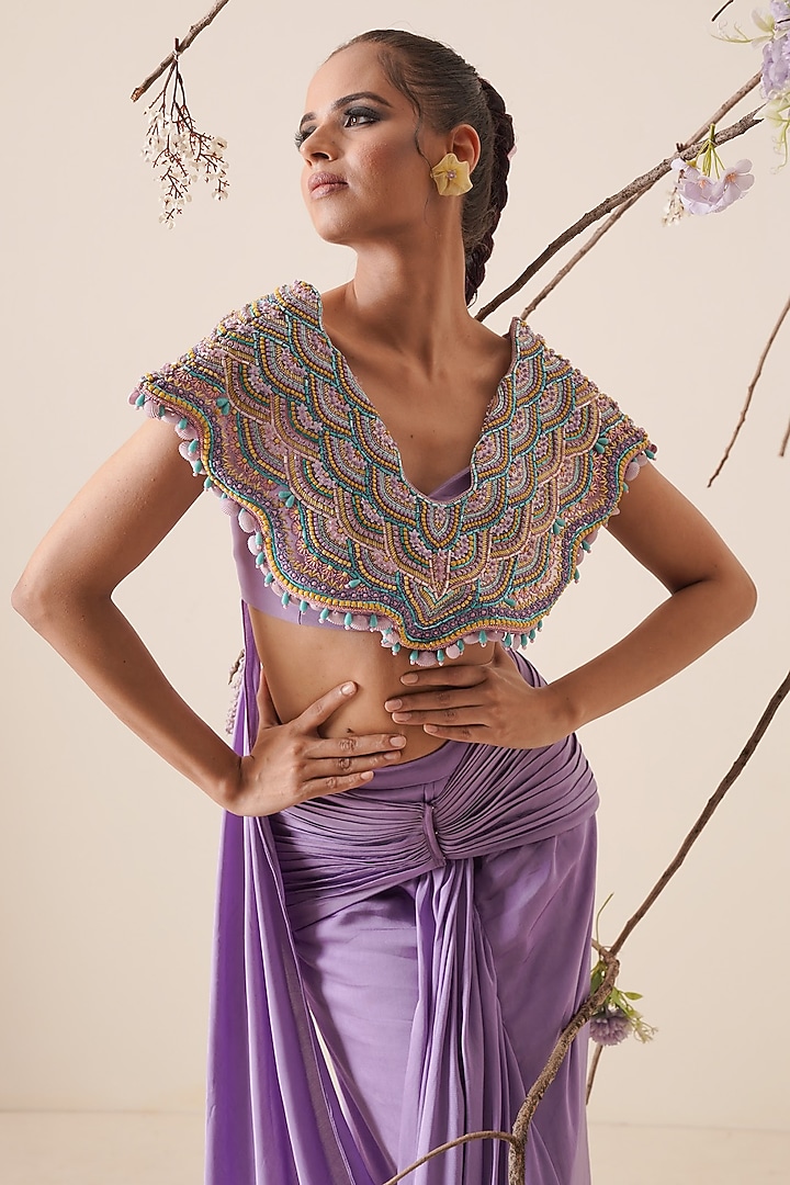 Lavender Embroidered Pre-Draped Saree Set For Girls by Potloo by Merge at Pernia's Pop Up Shop
