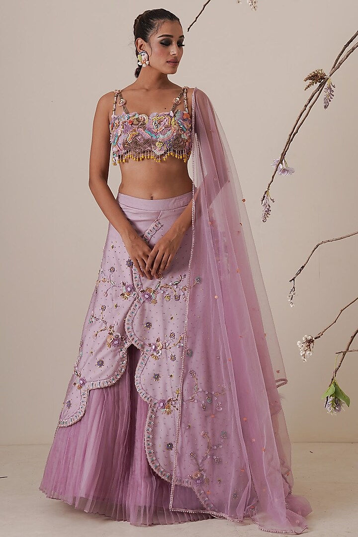 Lavender Net Embroidered Lehenga Set For Girls by Potloo by Merge