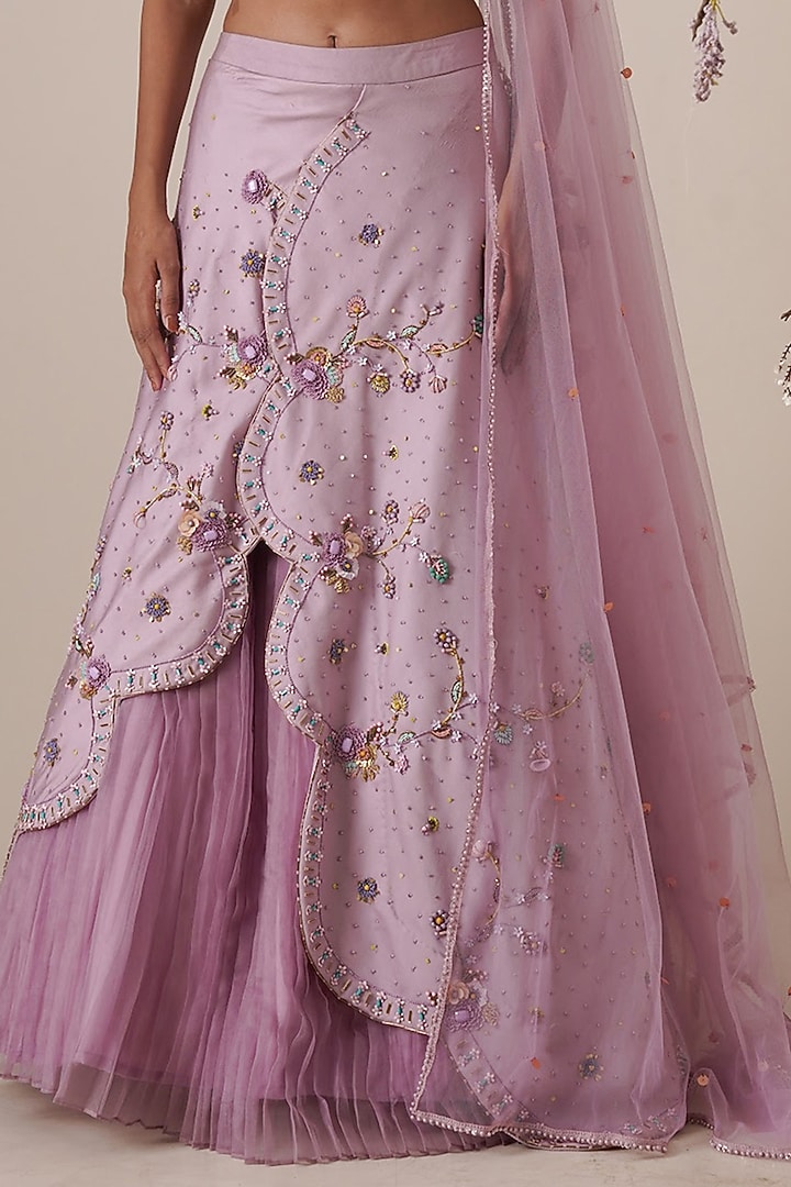 Lavender Net Embroidered Lehenga Set For Girls by Potloo by Merge at Pernia's Pop Up Shop