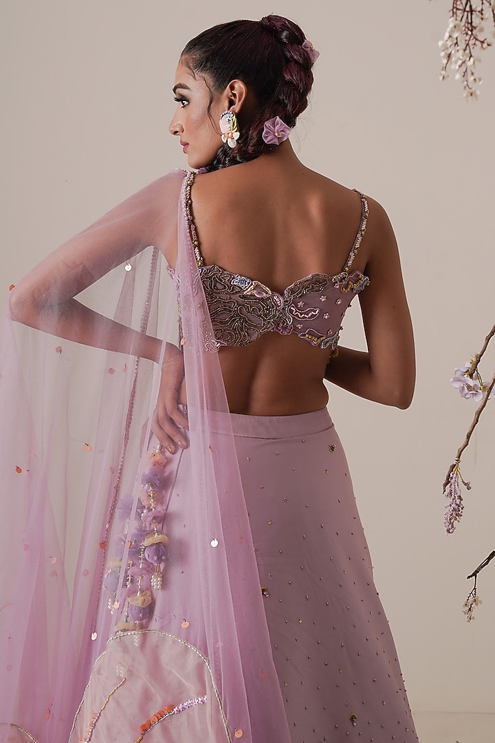 Lavender Net Embroidered Lehenga Set For Girls by Potloo by Merge at Pernia's Pop Up Shop