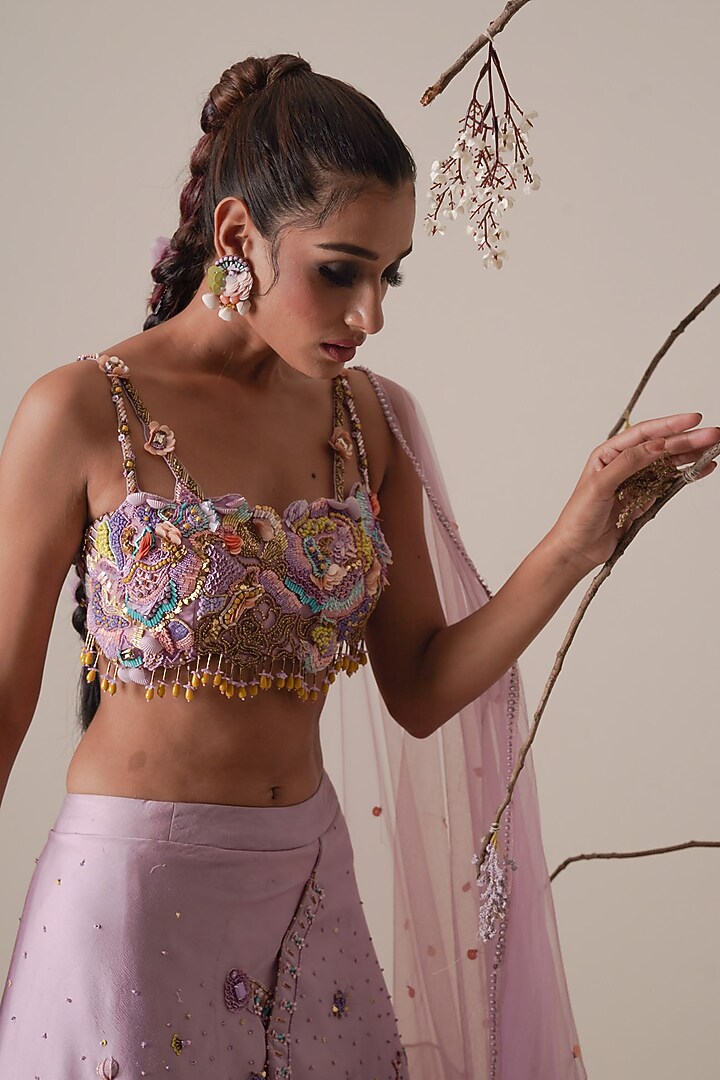 Lavender Net Embroidered Lehenga Set For Girls by Potloo by Merge at Pernia's Pop Up Shop
