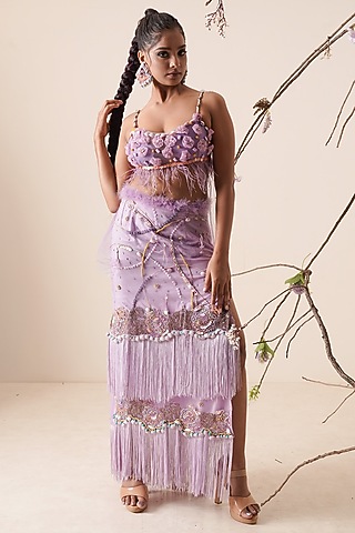 Lavender Net Embroidered Skirt Set For Girls by Potloo by Merge
