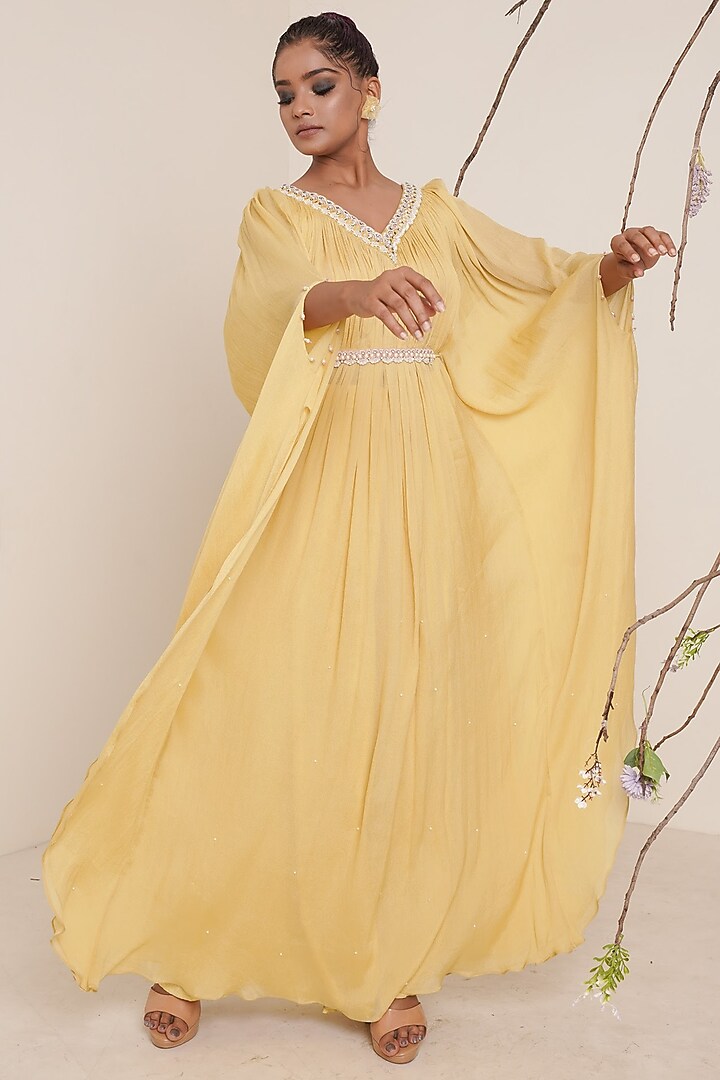 Yellow Embroidered Kaftan For Girls by Potloo by Merge at Pernia's Pop Up Shop