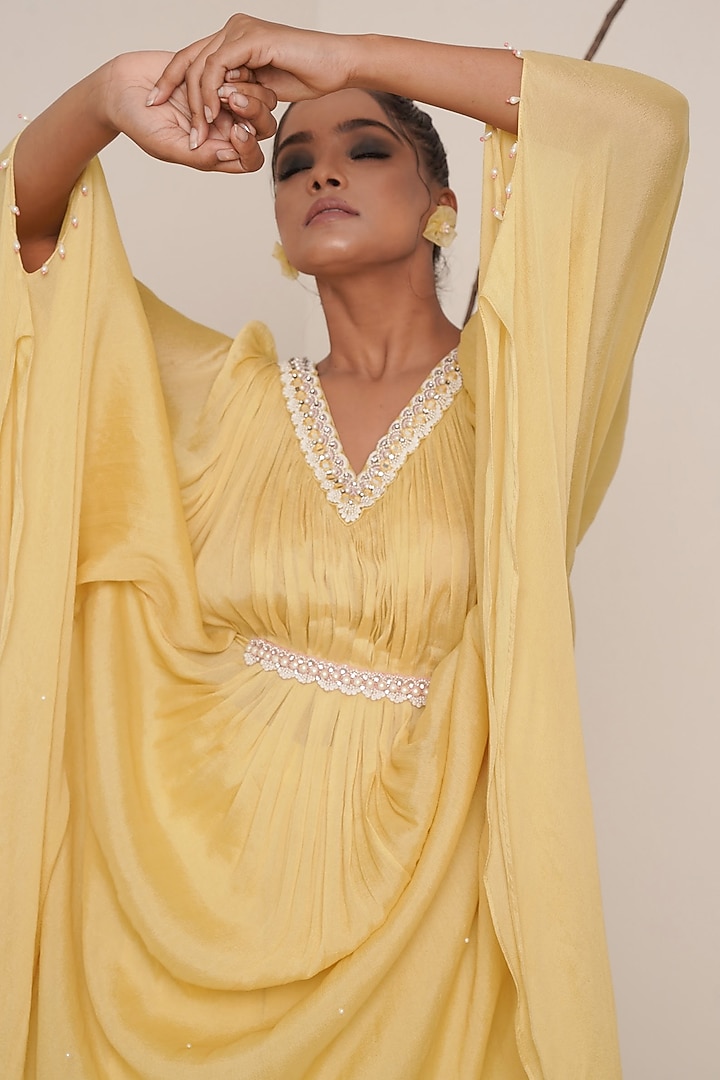 Yellow Embroidered Kaftan For Girls by Potloo by Merge at Pernia's Pop Up Shop