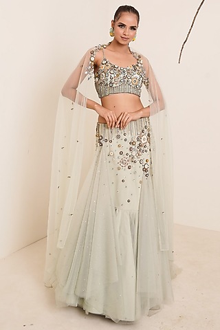 Aqua Net Embroidered Lehenga Set For Girls by Potloo by Merge
