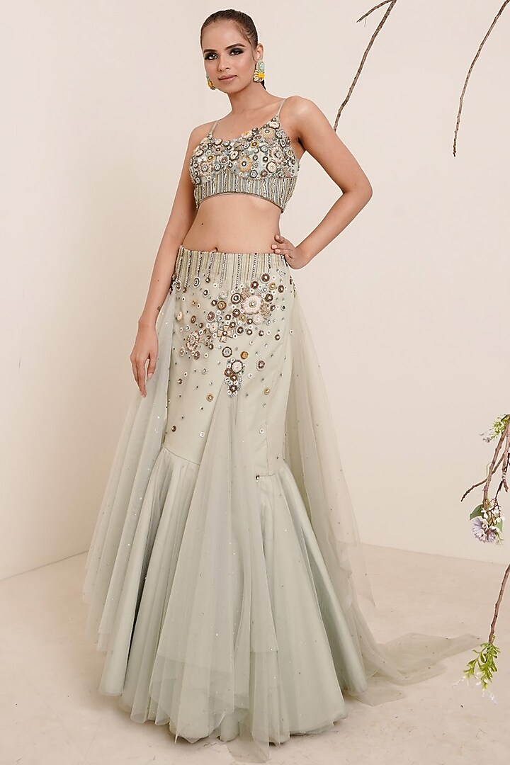 Aqua Net Embroidered Lehenga Set For Girls by Potloo by Merge at Pernia's Pop Up Shop