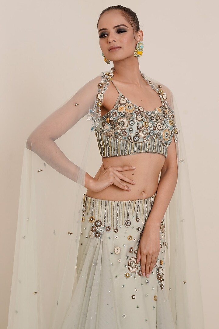 Aqua Net Embroidered Lehenga Set For Girls by Potloo by Merge at Pernia's Pop Up Shop