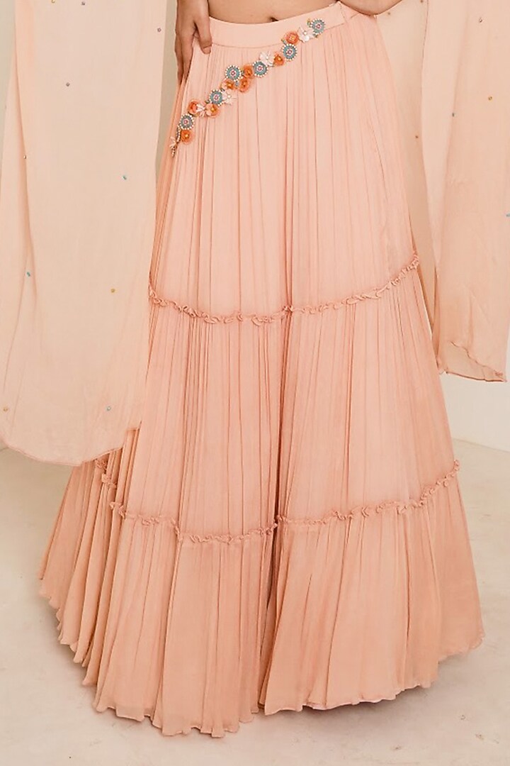 Peach Chiffon Embroidered Lehenga Set For Girls by Potloo by Merge at Pernia's Pop Up Shop