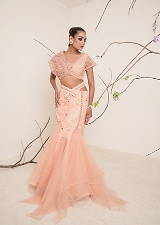 Peach Embroidered Lehenga Set For Girls by Potloo by Merge